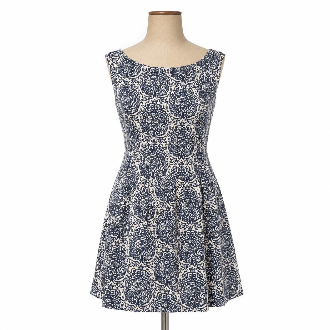 Linen Damask Paisley Sleeveless Mini Dress Size M Blue White Coastal Euro Preppy