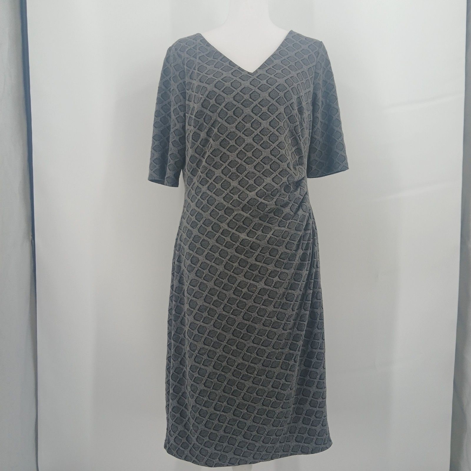 womans anne klein size 12 black grey short sleeve midi dress side rouching