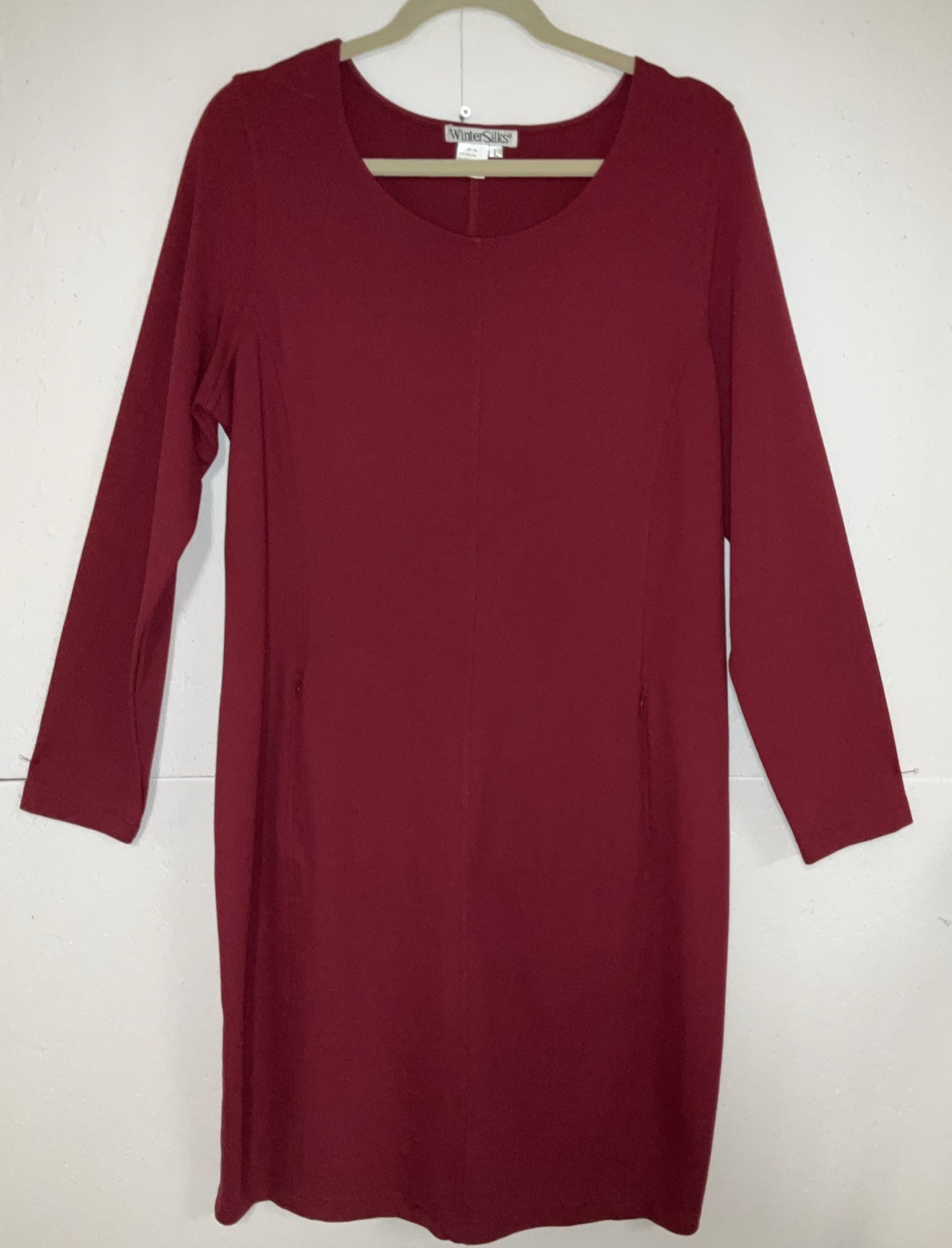 NWOT Winter Silks Dress L Knit Long Sleeve Zip Pockets L Raspberry Red
