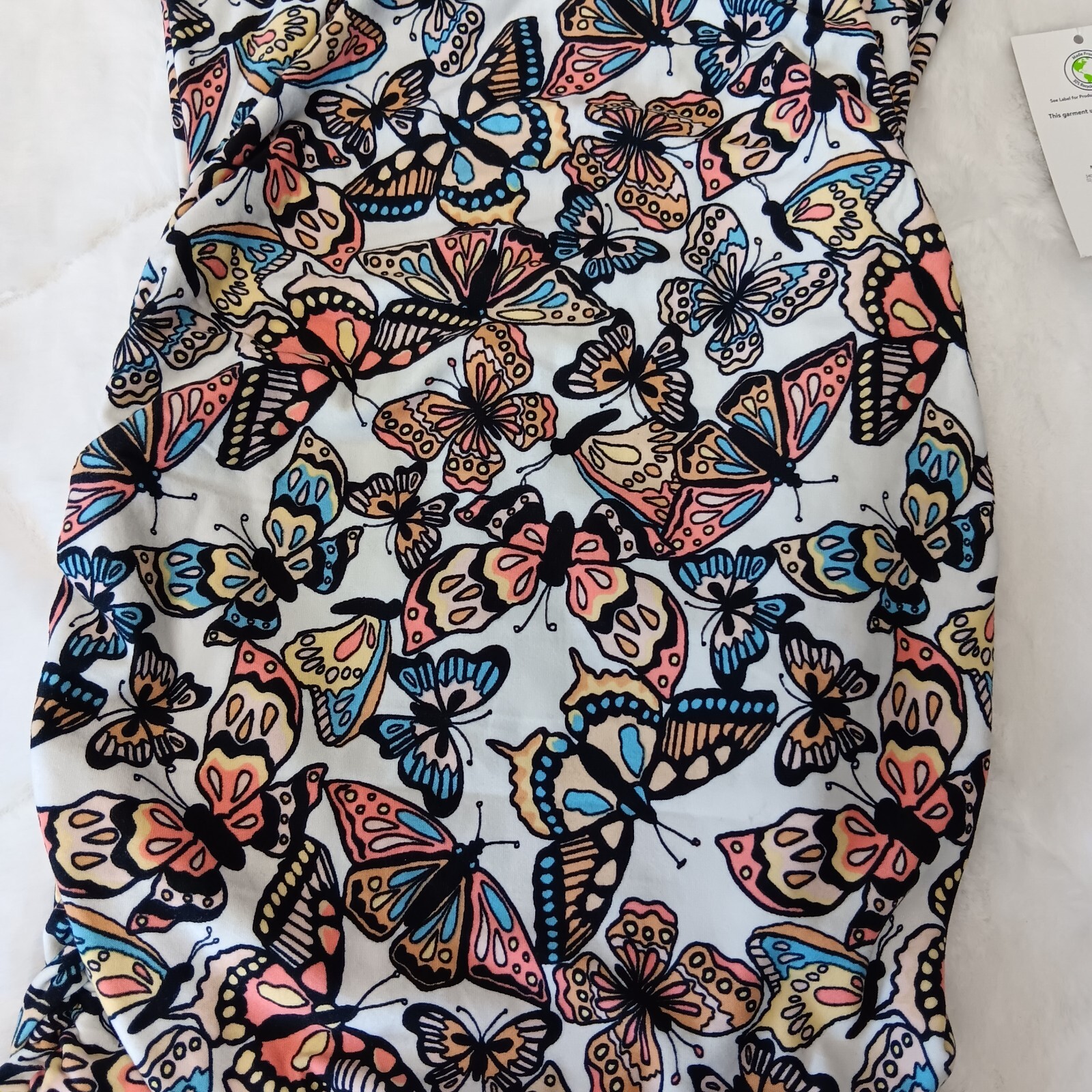 butterfly pattern winter white side ruched t-shirt dress jrs size medium