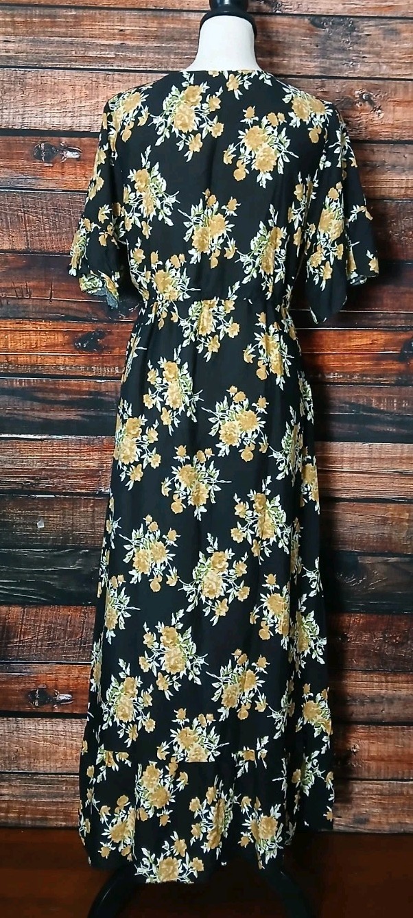 Seven Islands Maxi Dress M Oversized Black Floral Rayon Drawstring Waist NWT