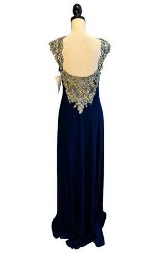 Temptation Navy Blue Silver Embroidered Rhinestone Dress Size 16 $249 Prom