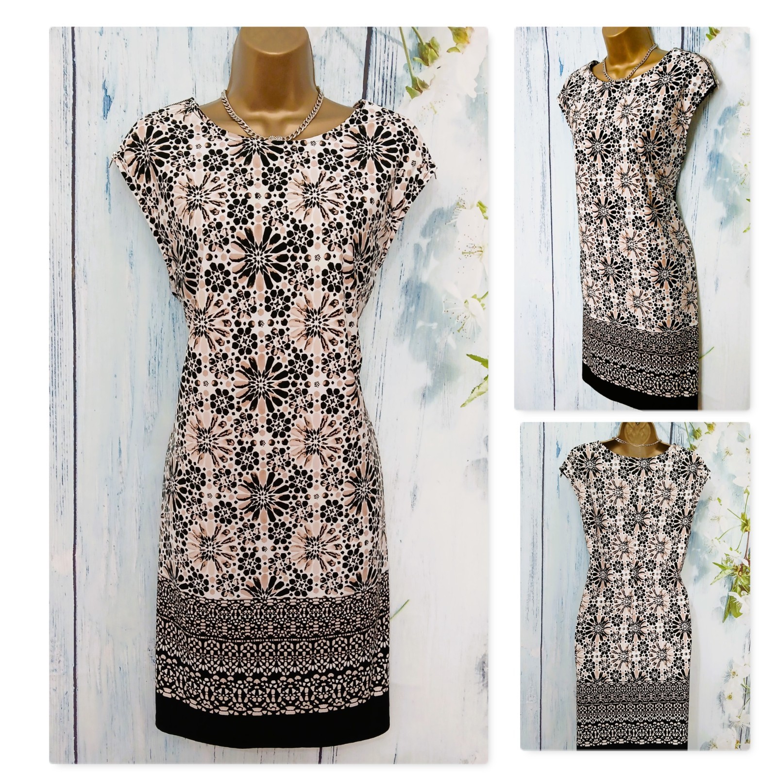 Wallis Petite Size L 16/18 Stretch Floral Geometric Shift Dress Black Nude Ivory