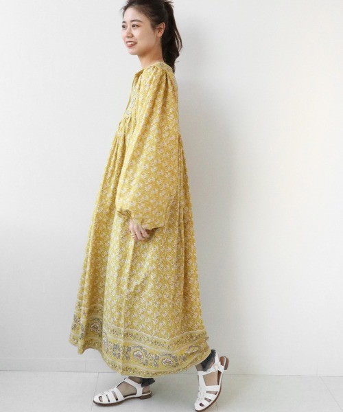 Japan womens cotton blend floral panel print dress yellow Journal Standard