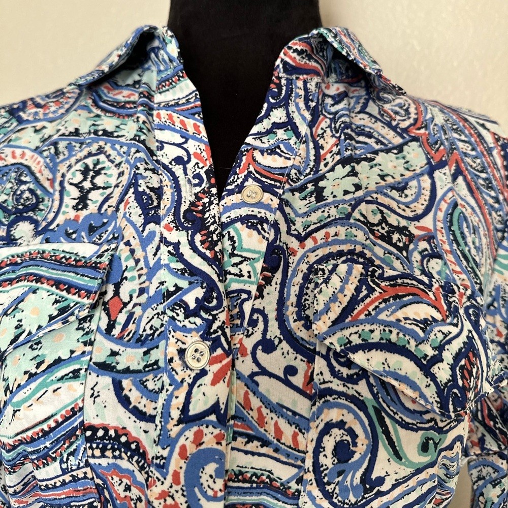 NWT NY Collection Paisley Button-Front Belted Midi Dress Blue Red Size M