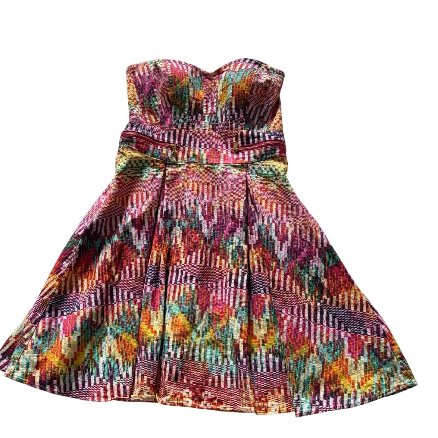 Guess Strapless Dress Pink/White/Yellow/Green Abstract Design size 10