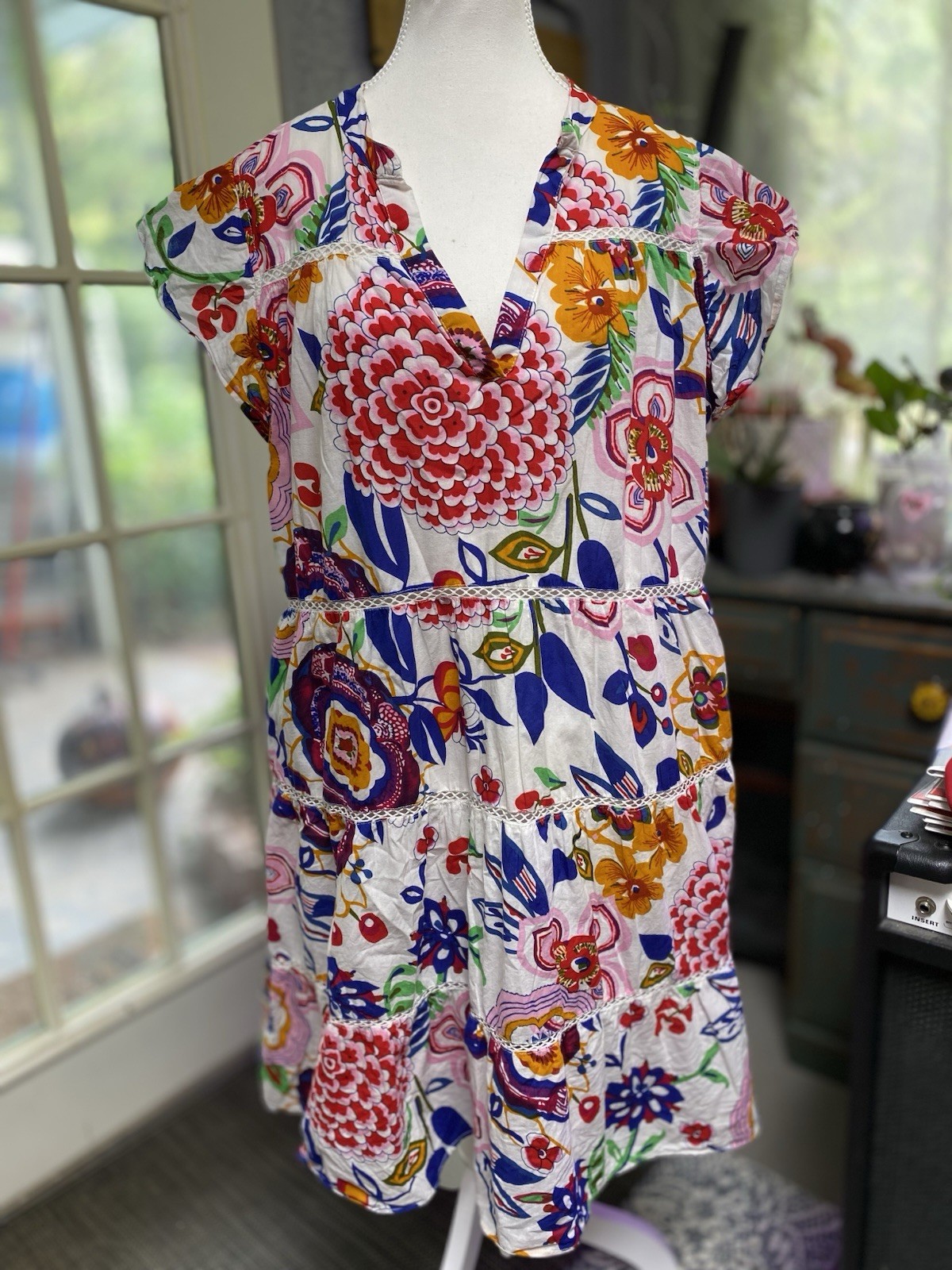 Kaktus Festive Tiered Floral Colorful Short Sleeve Dress Size XL (m)