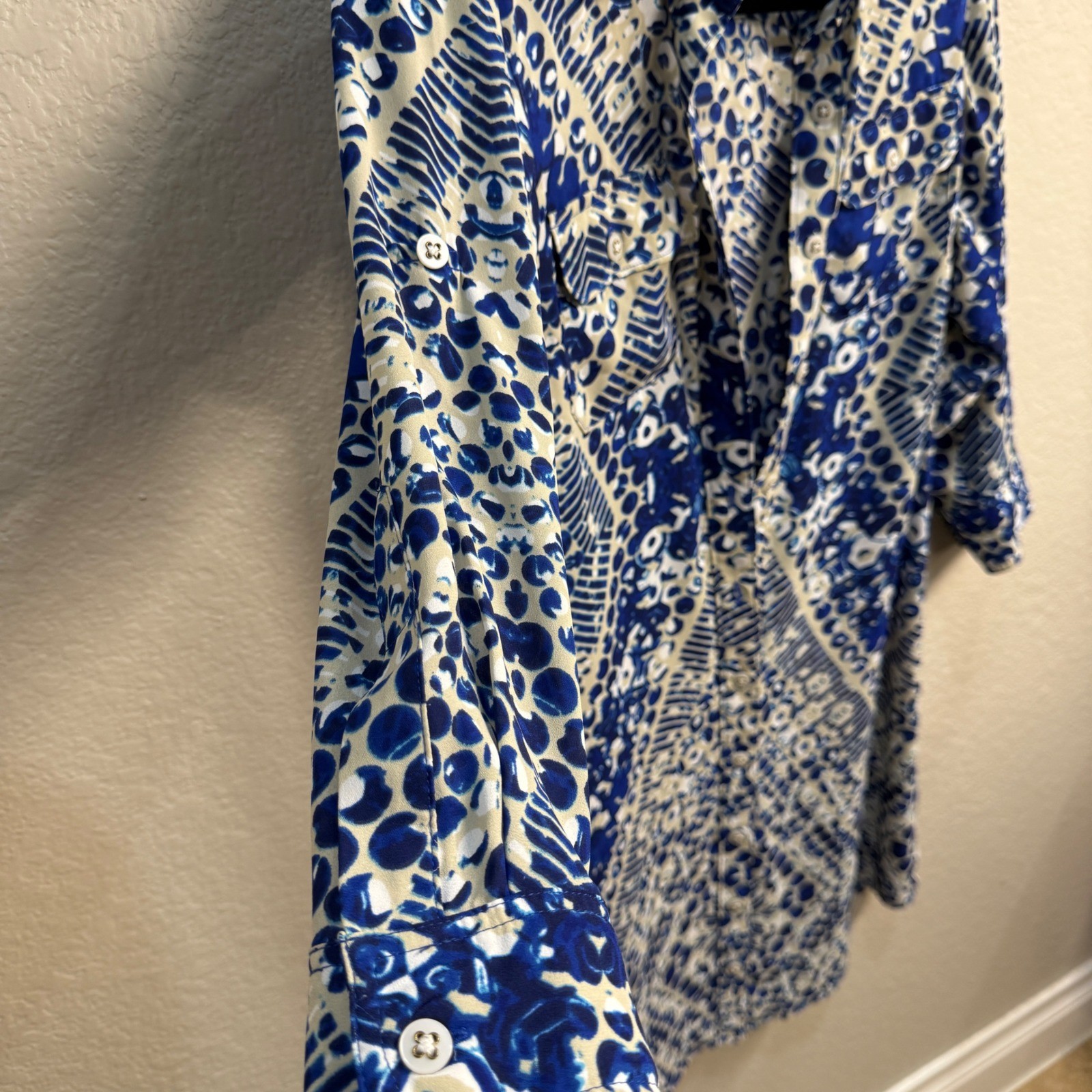 Cabi Blue Cream Geometric Kaleidoscope Print Button Down Shirt Dress Coastal XS