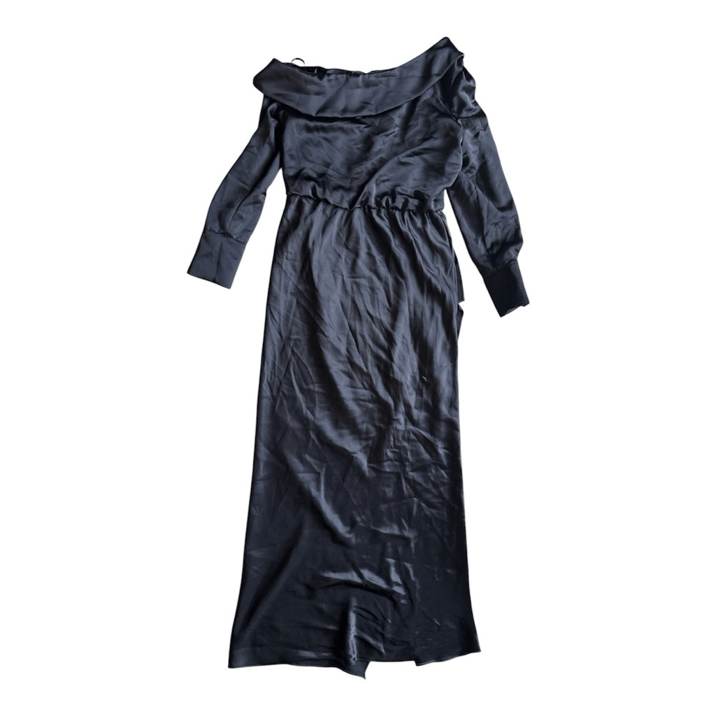 Xscape Evenings Off-the-Shoulder Long Sleeve Satin Gown in black Size 10