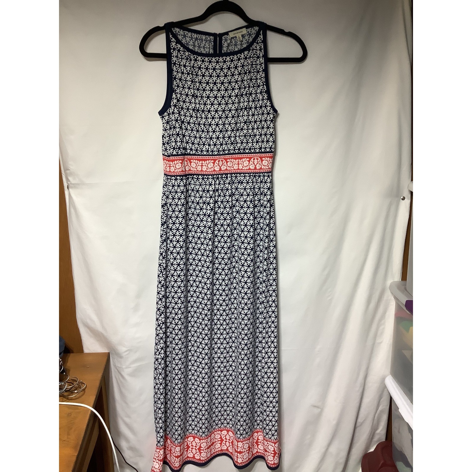 Sleeveless Maxi Dress Navy White Geo Print Coral Trim Casual Summer