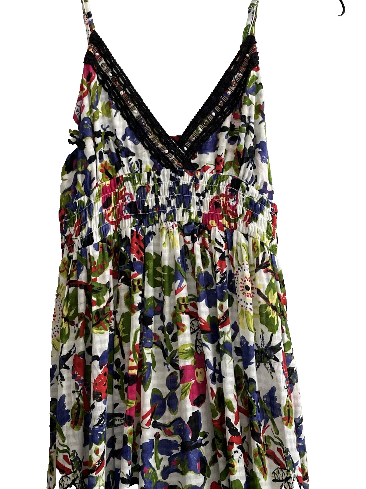 Alberto Makali Cotton Vibrant Floral Flowy Boho Maxi Ruffle Beaded Coastal Mod