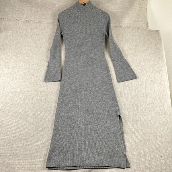 Theory Wool Cashmere Blend Midi Dress Womens P Gray Luxury Ribbed Mock Neck City