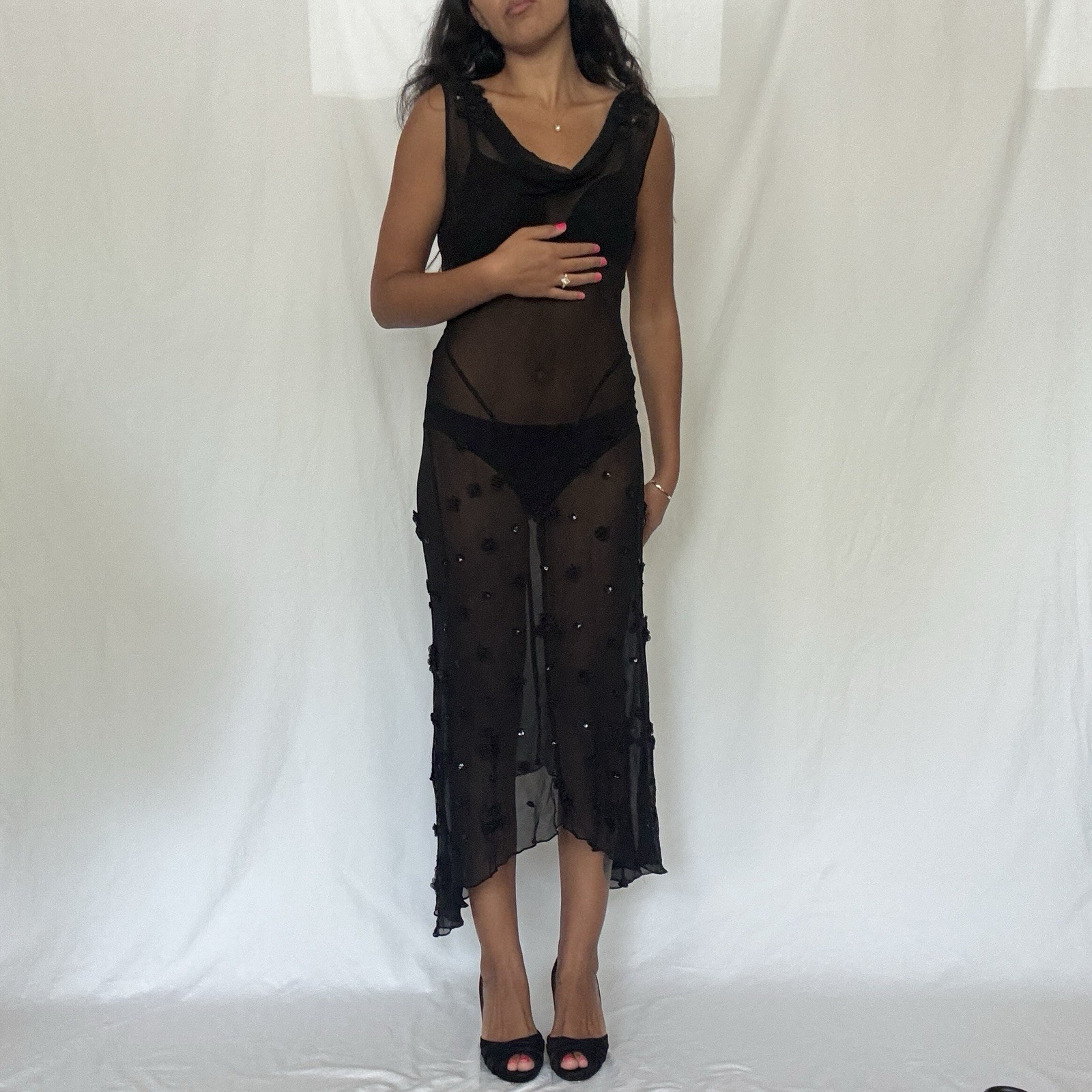Vtg Y2K Mixit Formal Black Sheer Gown Sequin Beaded Lace Flowers Gothic Fairy S