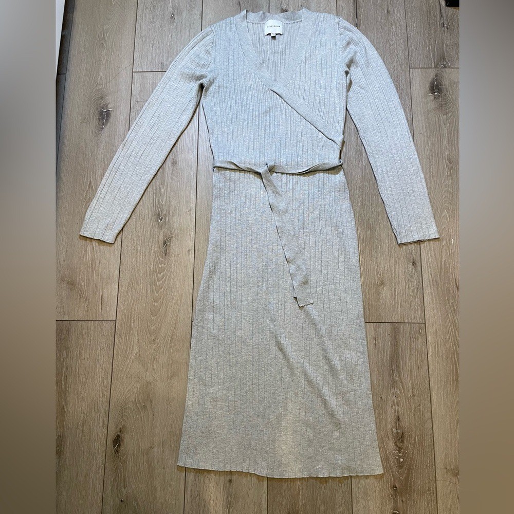 Pink Rose Light Gray Ribbed Knit Wrap Midi Sweater Dress Tie Waist Large