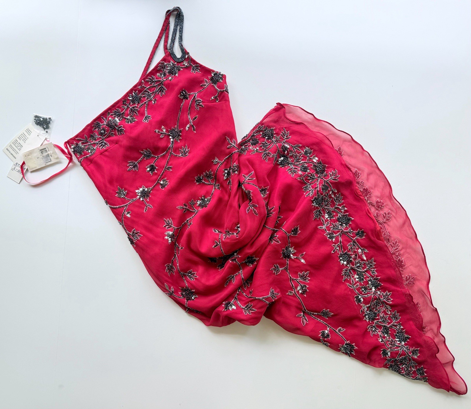 NWT Vintage Scala 1990s Red Silk One Shoulder Beaded Asymmetrical Midi Dress S