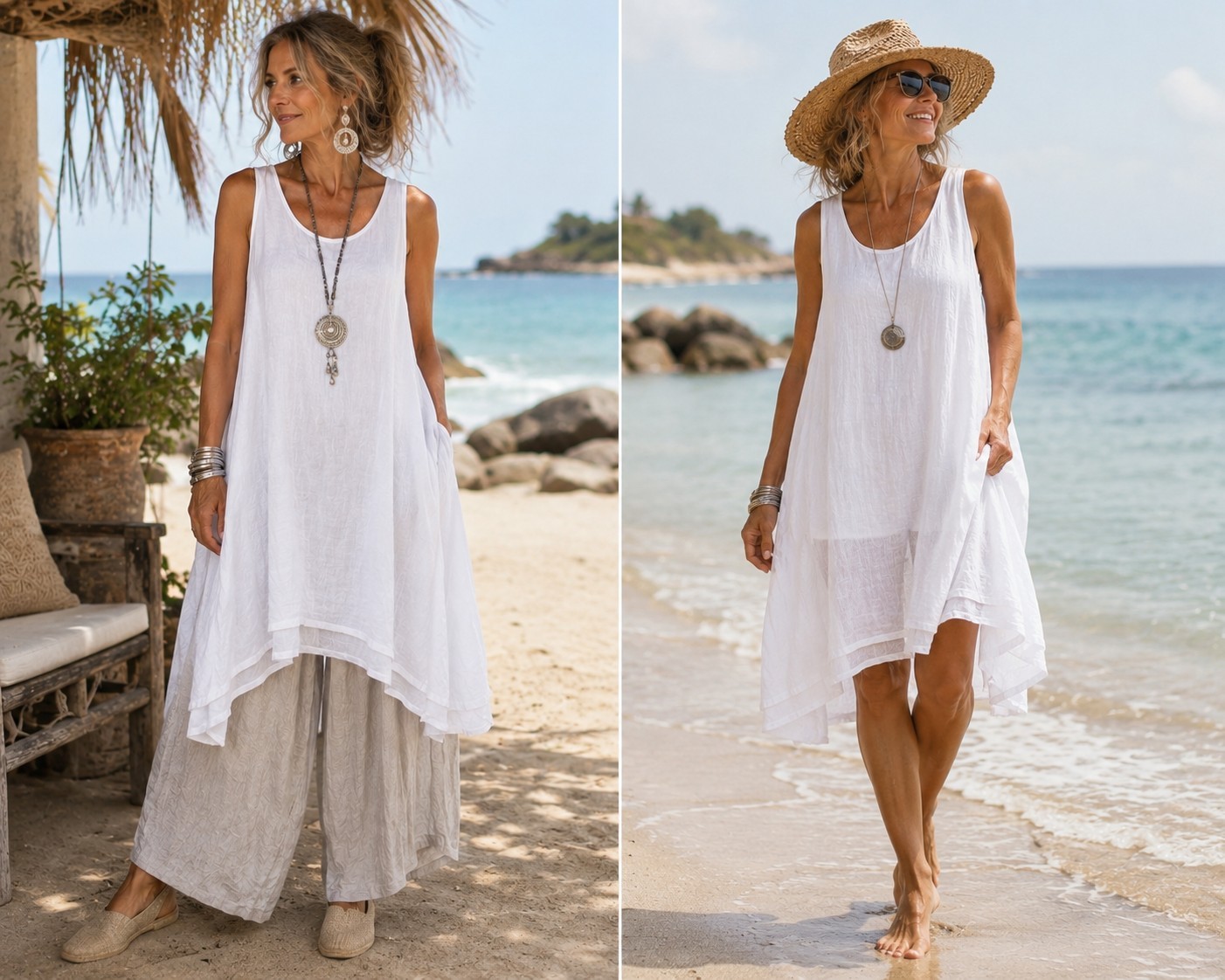 Indian Boutique White Lagenlook Tunic Dress OS Flowy Swing Layered Hem Boho