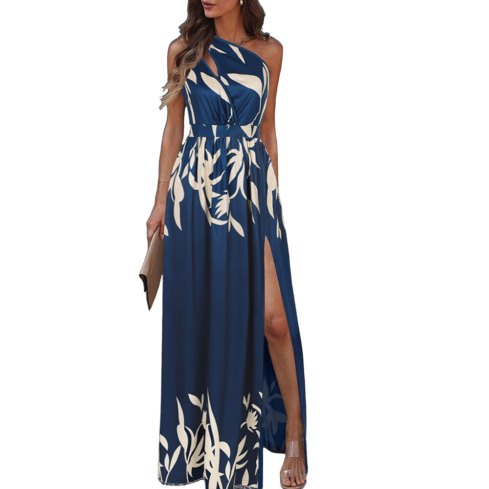 Womens Print One Shoulder High Split Maxi Dress Ladies Party Cocktail Long Dress