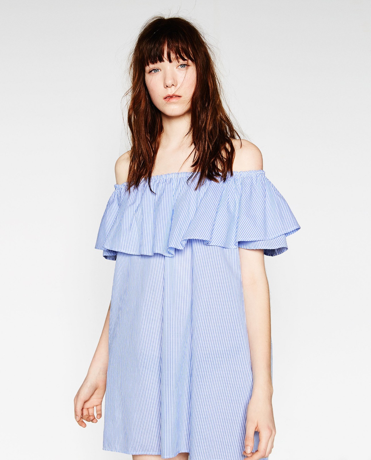 ZARA Women’s Blue White Striped Off Shoulder Ruffle Dress S NWOT 8566/043