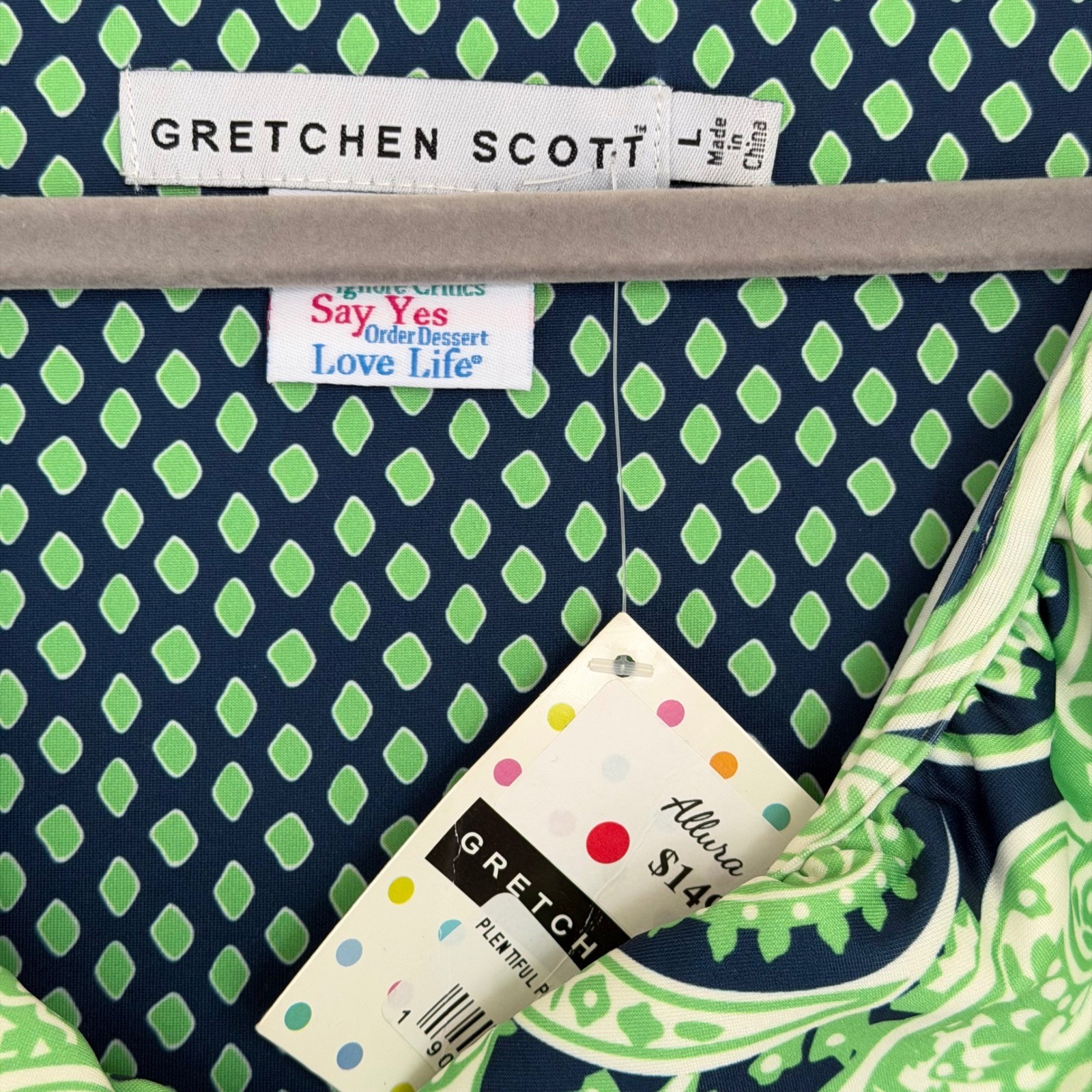 Gretchen Scott Plentiful Paisley Ruffneck Popover Shift Dress L Green/Navy NWT