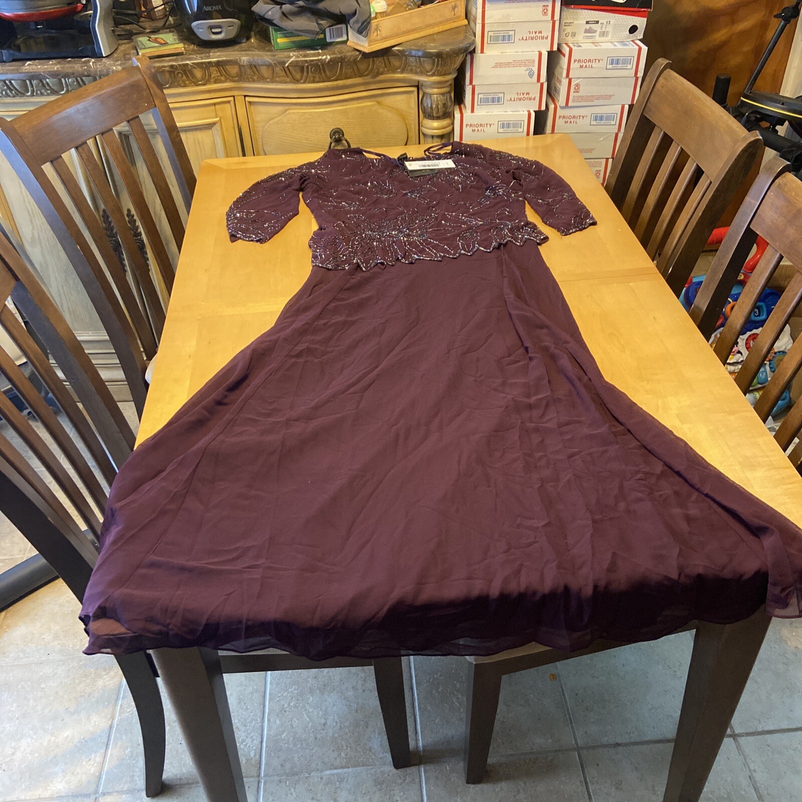 Jkara Floral Beeded Pop Over Gown 14 Wine B079k72RX6 Style 2840ws