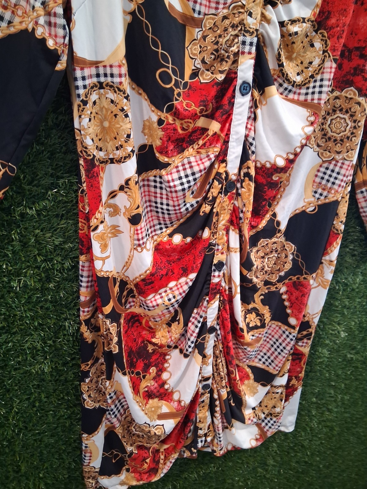 Absolutely Love It Baroque Chain Print Shirt Dress Ruched Plus Size 3X Red Gold