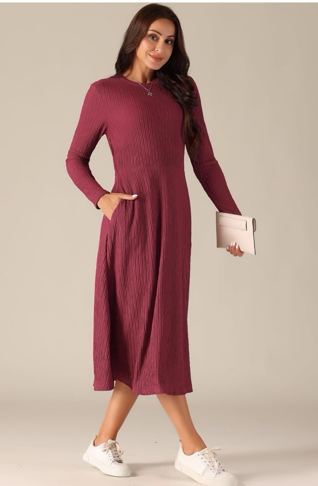 Seta T Women’s Long Sleeve Dress Round Neck Casual Travel Party Work Wine Red