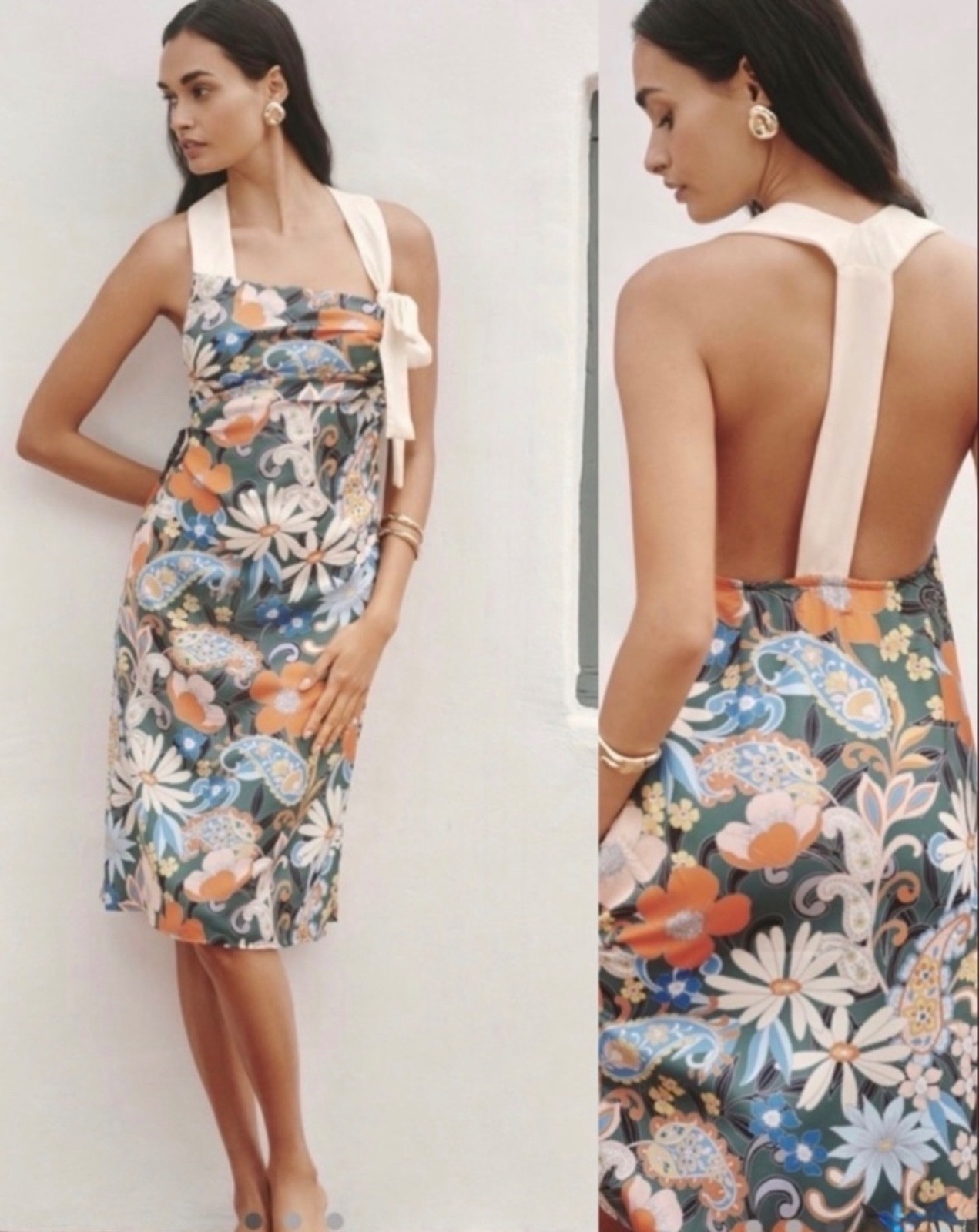 Anthropologie Celandine Green Motif Floral Bow Strap Midi Dress NWT XL