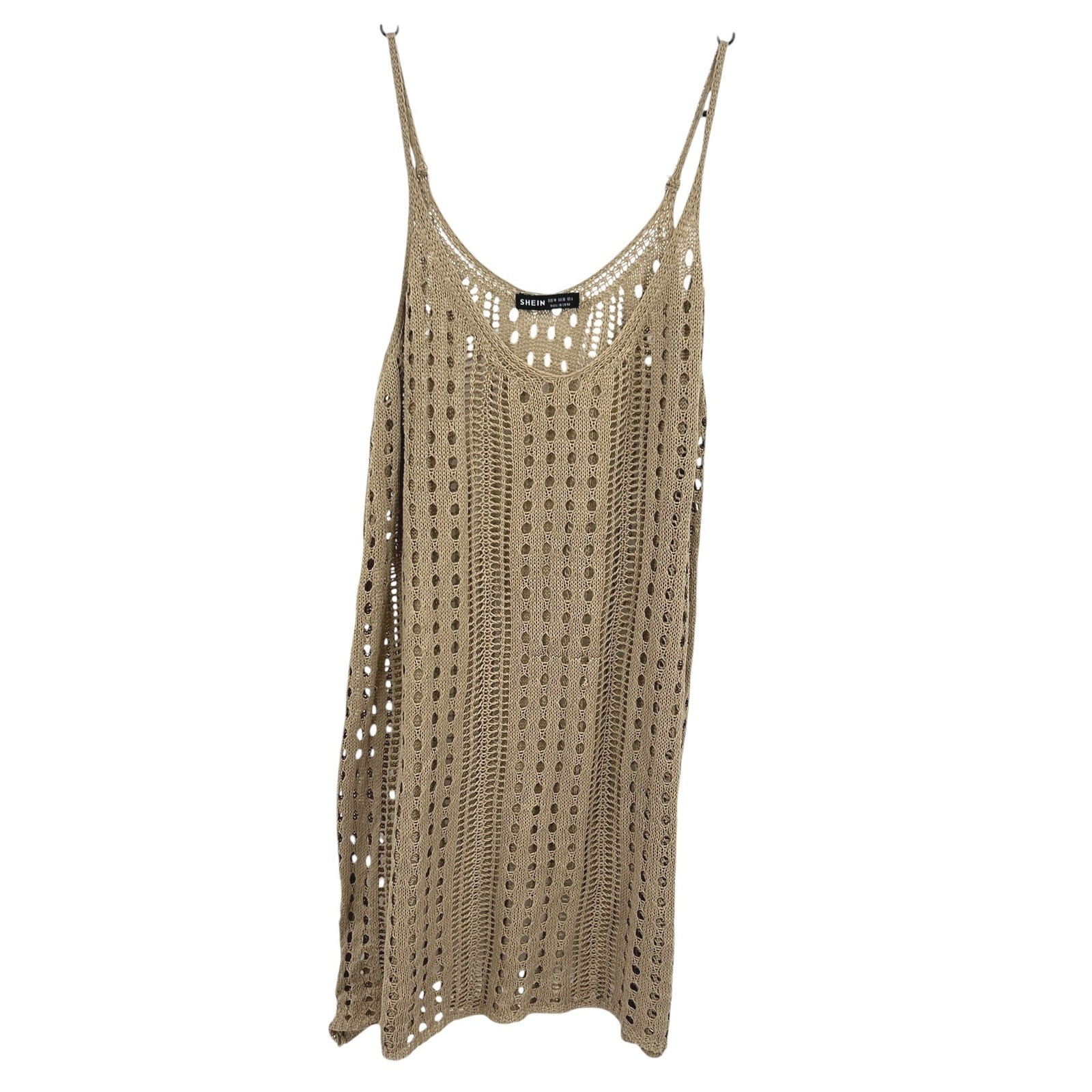 Boho Crochet Cover Up Dress M Tan Open Knit Beach Sleeveless Festival Resort