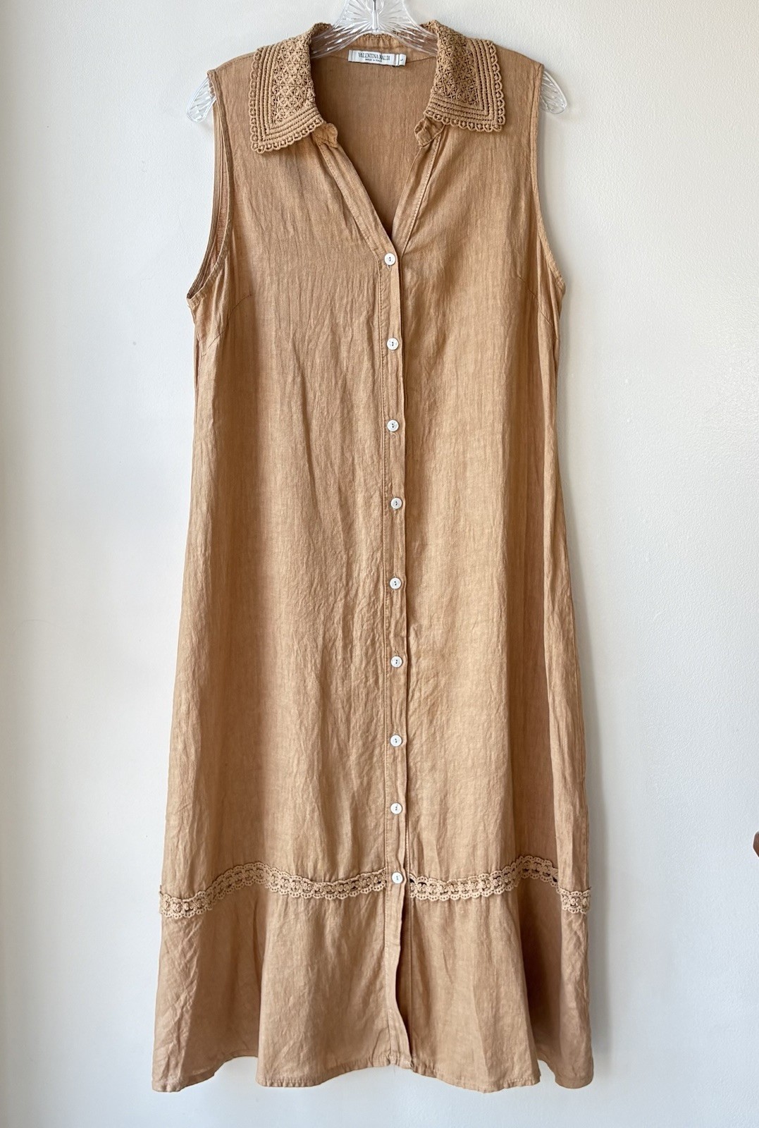 Valentina Naldi Linen Shirt Dress Large Carmel Crochet Italy Lagenlook Boho