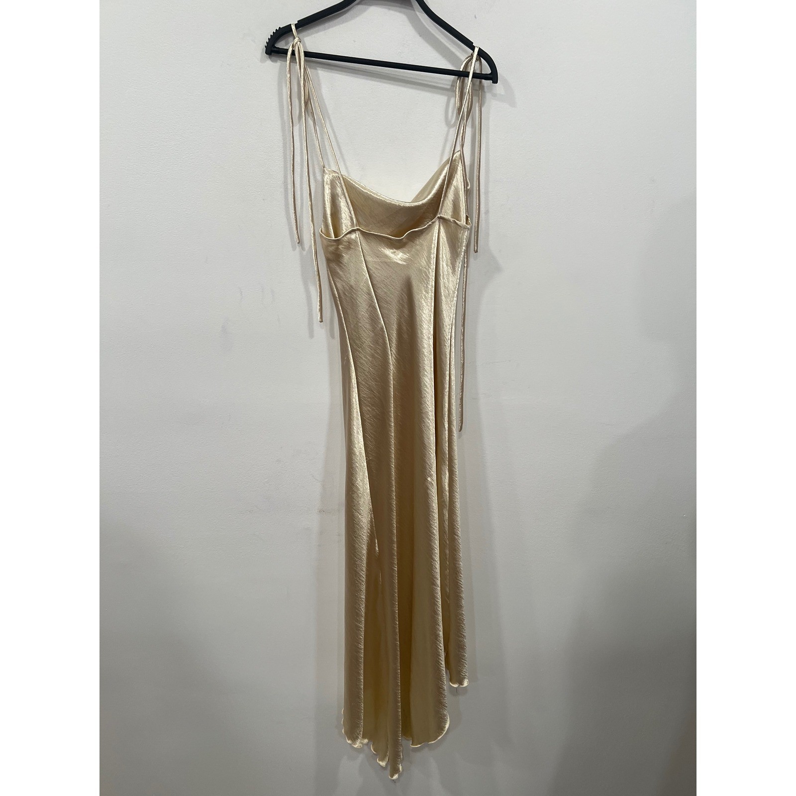 Champagne Gold Cowl Neck Satin Midi Dress Womens Medium Tie Strap
