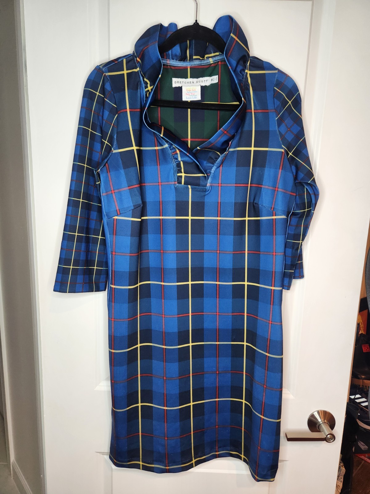 Gretchen Scott Dress M Navy Plaid Comfy Jersey Knit Ruffleneck Dress 3/4 Sleeves