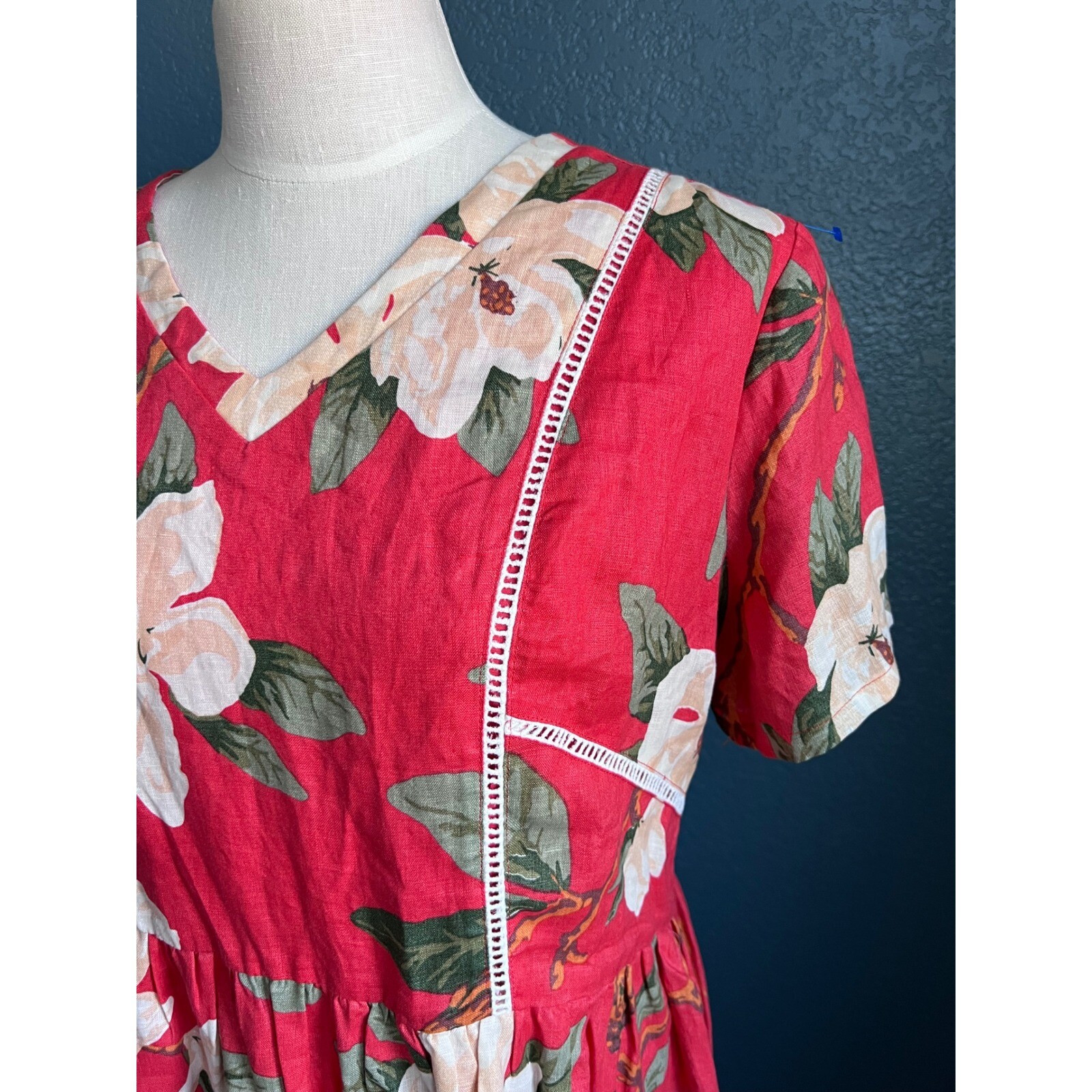Roolee Floral Linen Dress V-Neck Short Sleeve Casual Summer Dress 1X