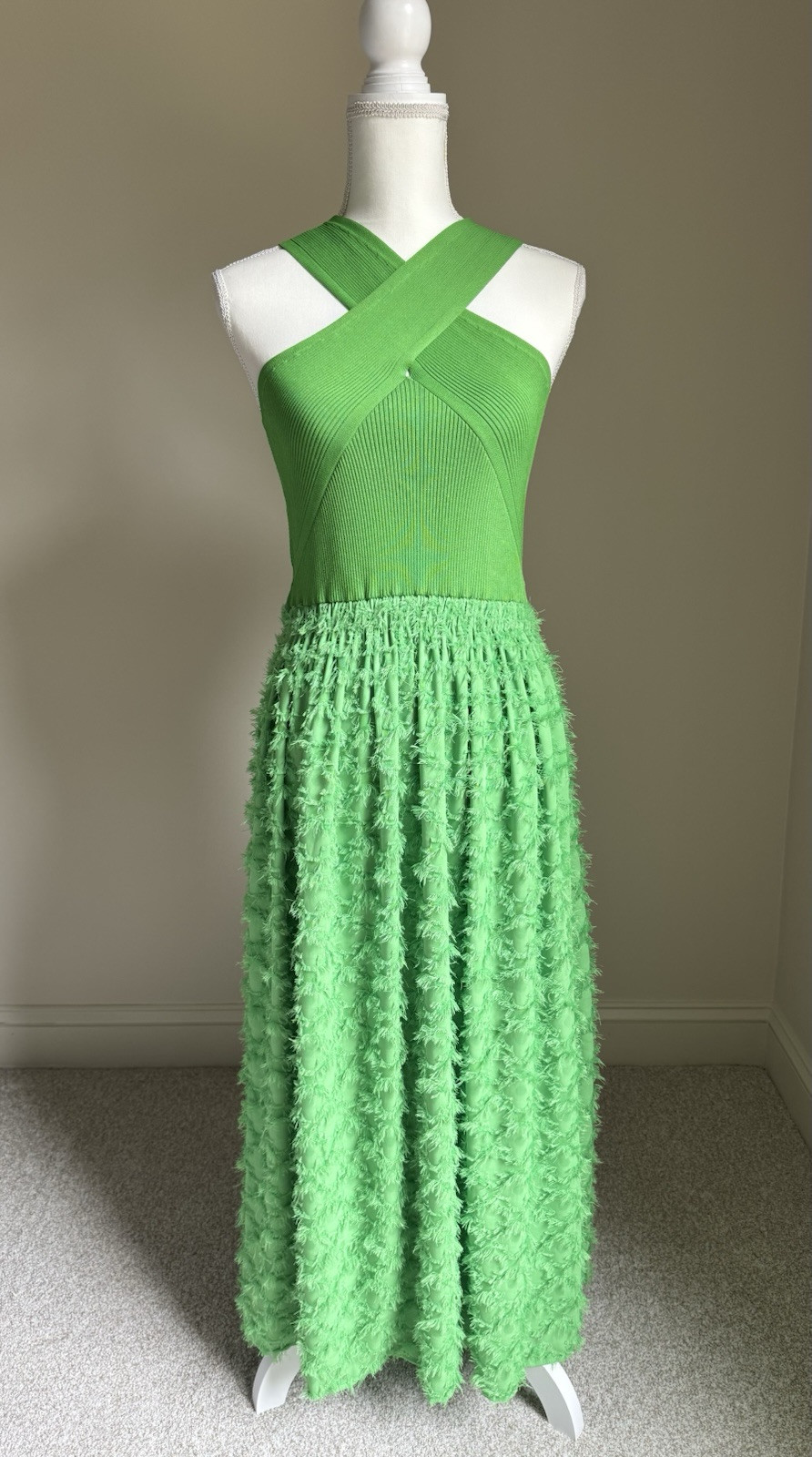 CURRENT AIR Green Apple Goddess Fringed Knit Halter Dress Sz M