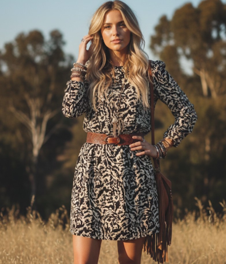 NWT H&M Black and beige patterned above the knee Dress sz XS Boho NEW 326