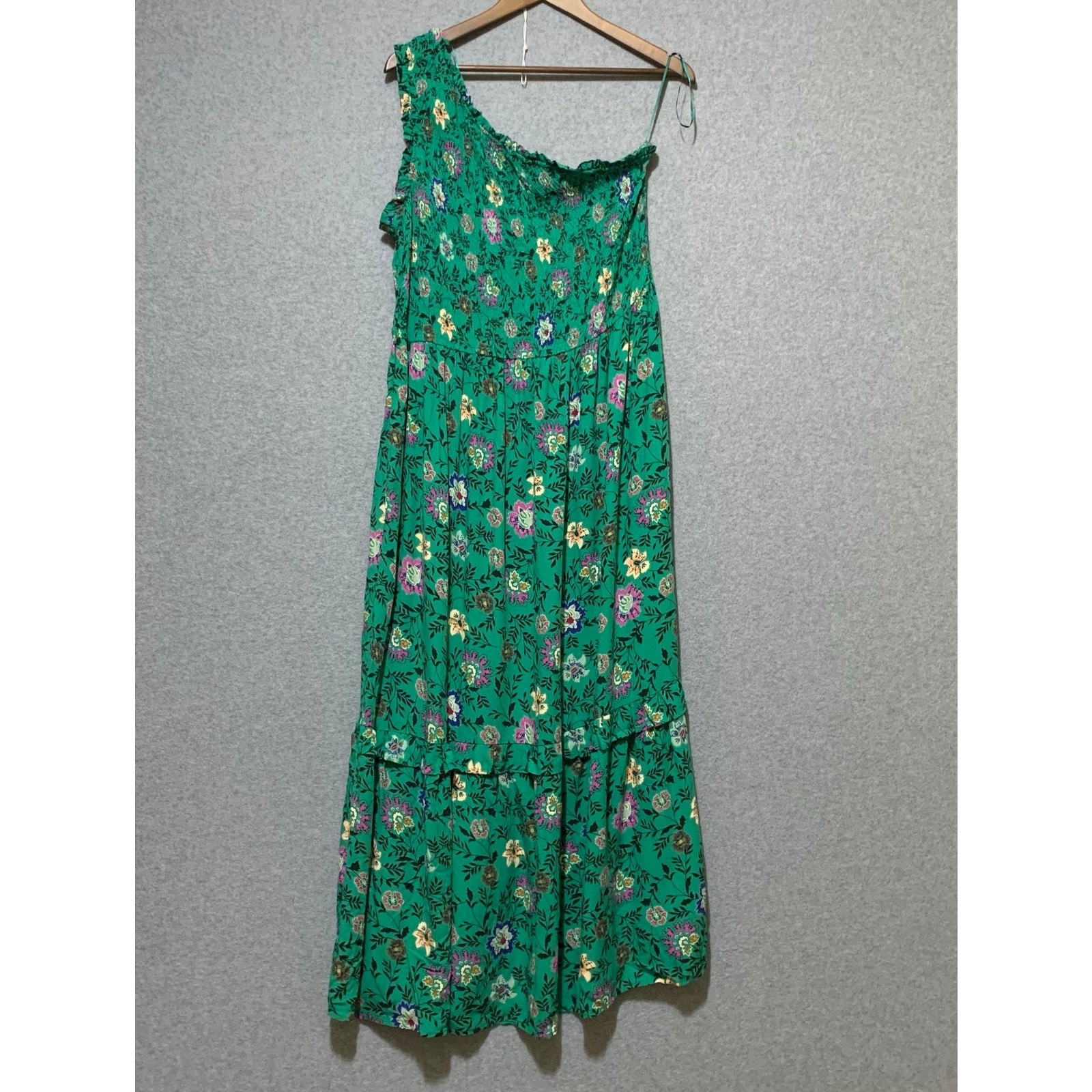 NWT Knox Rose One Shoulder Teal Floral Maxi Dress 100% Rayon SzL Romantic Boho