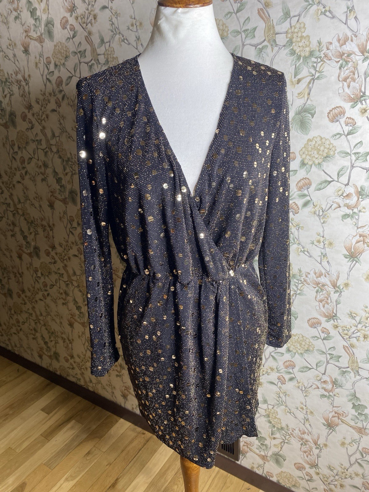 Flounce London Midi Black Gold Sequined Dress Size 10 Mini NWT