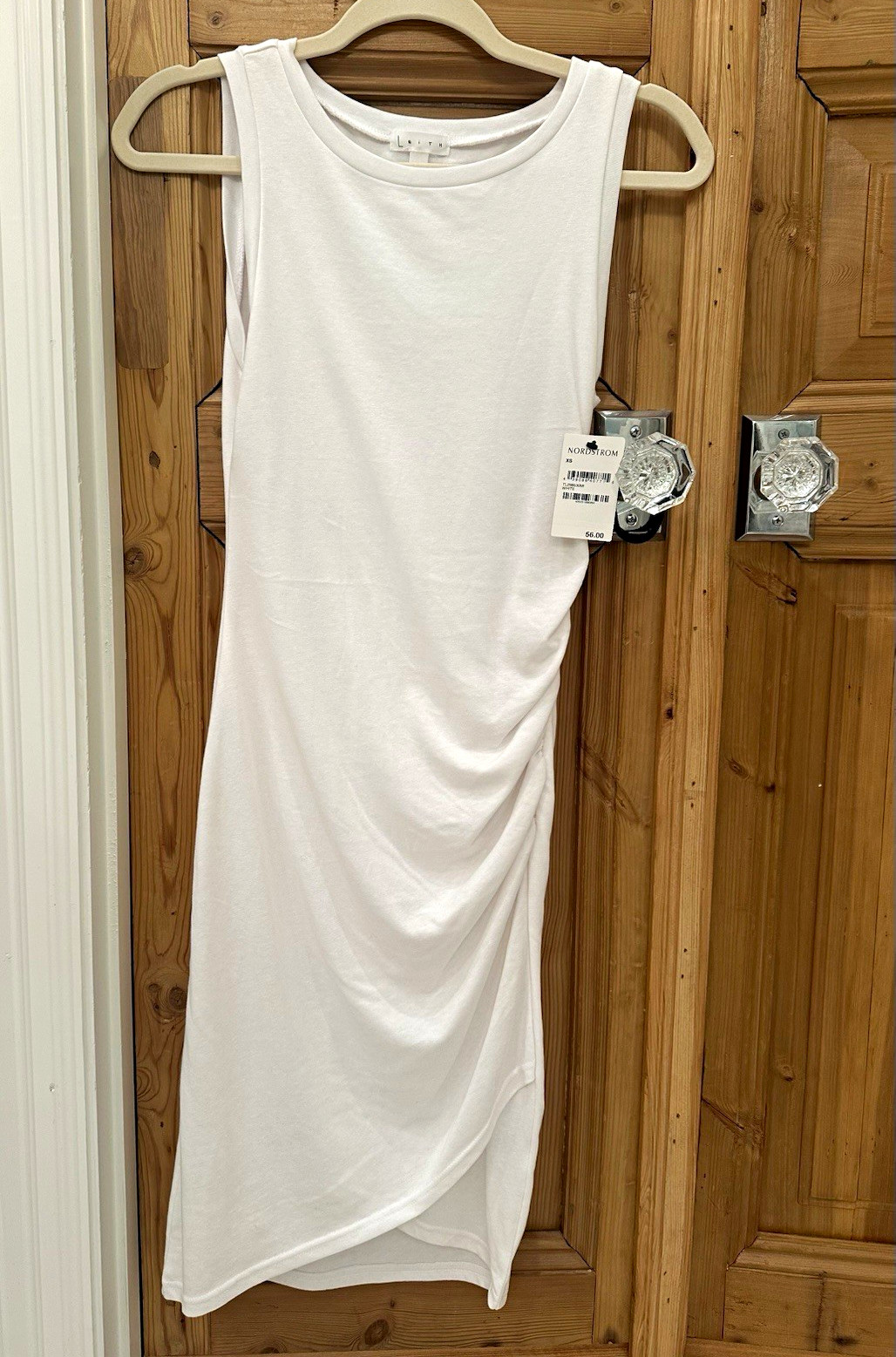 Leith White Round Neck Sleeveless Ruched Stretch Knit Bodycon Midi Dress XS