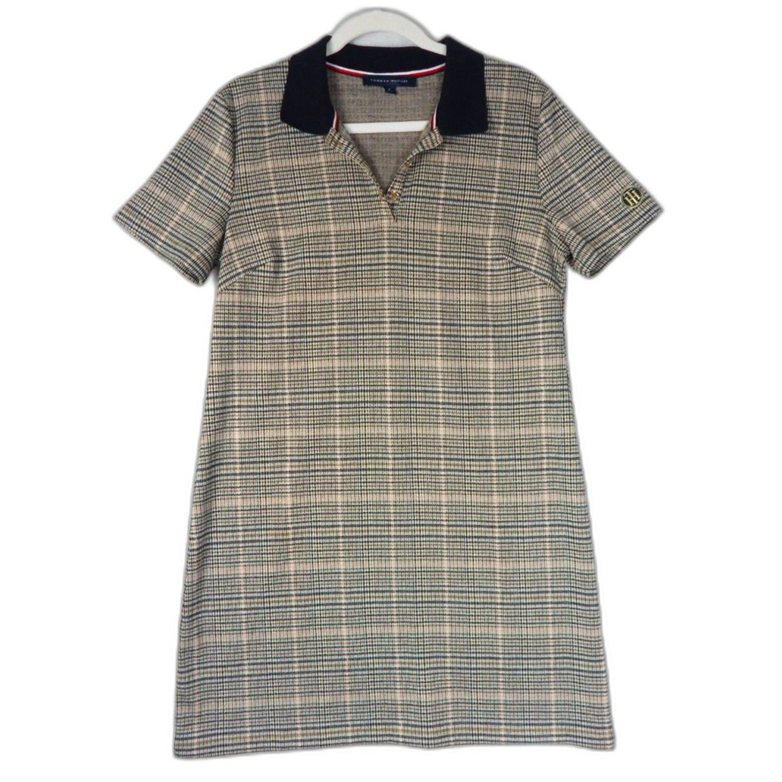 TOMMY HILFIGER Plaid Polo Dress Houndstooth Preppy Dark Academia Collar Knit M