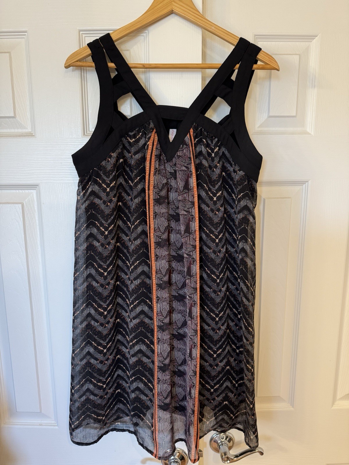 Black and Orange Chevron Sleeveless Shift Babydoll Dress Woman’s Midi Size L