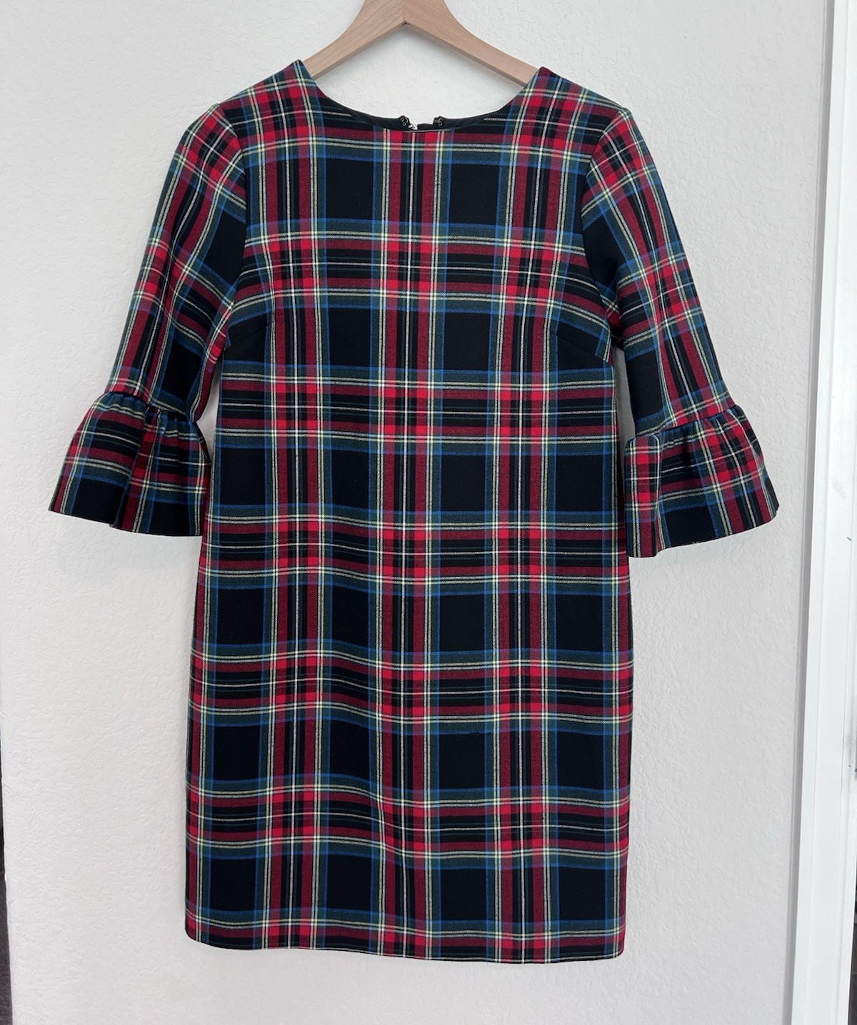 Vineyard Vines Plaid Shift Dress Lined 3/4 Bell Sleeve Back Zip Size 0