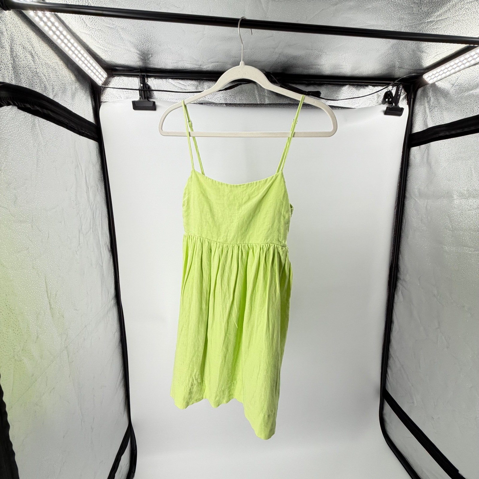 Sundays Lime Green Linen Smocked Mini Dress Small Babydoll Summer Travel