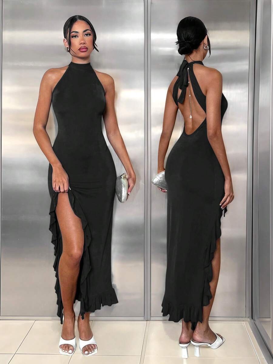 Elegant Halter Maxi Dress Backless Ruffle Bodycon Split Thigh Party Gown