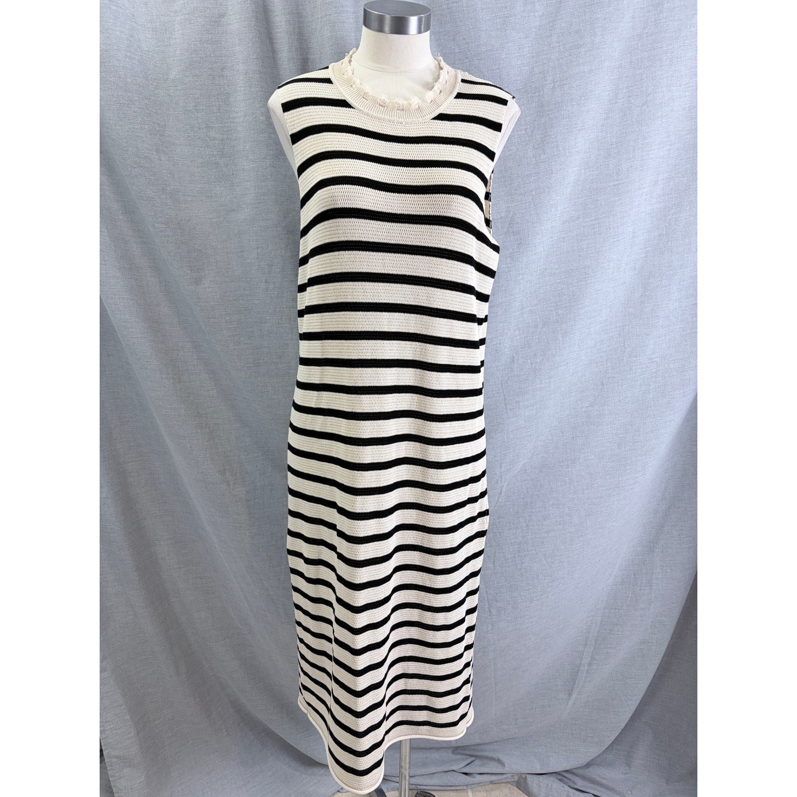 mello. Los Angeles Striped Knit Midi Dress Distressed Neck Cream Black Medium