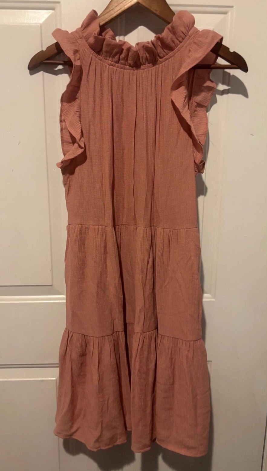 Mine MIDI Dress M Short Sleeve Smocked Chest Tiered Pink Lined Medium