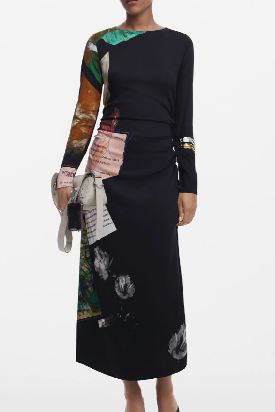 NEW, Desigual Mix Print Long Sleeve Midi Dress in Black Sz S #MD1697