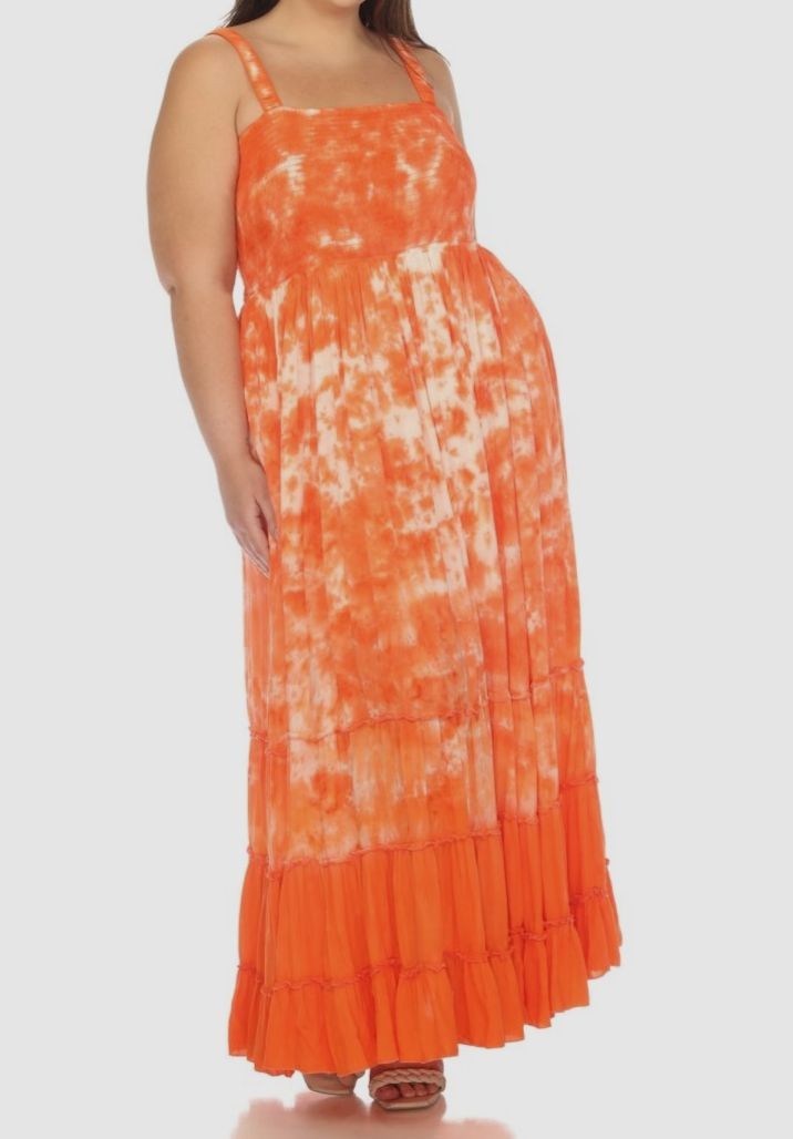 White Mark Women Orange White Smocked Ruffle Maxi Dress Plus Size 1X