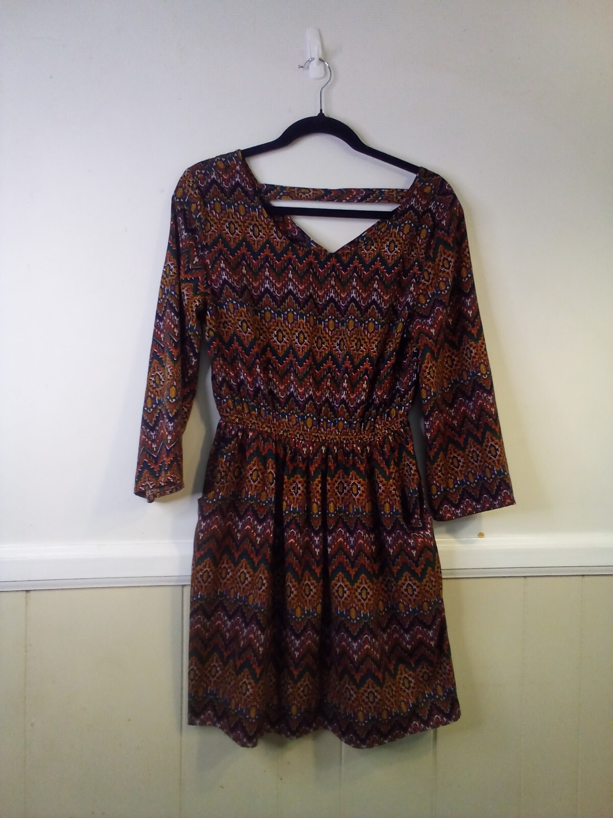 Alythea Dress Women S 3/4 Sleeve Back Cut-Out Pockets Pattern Red Blue Yellow