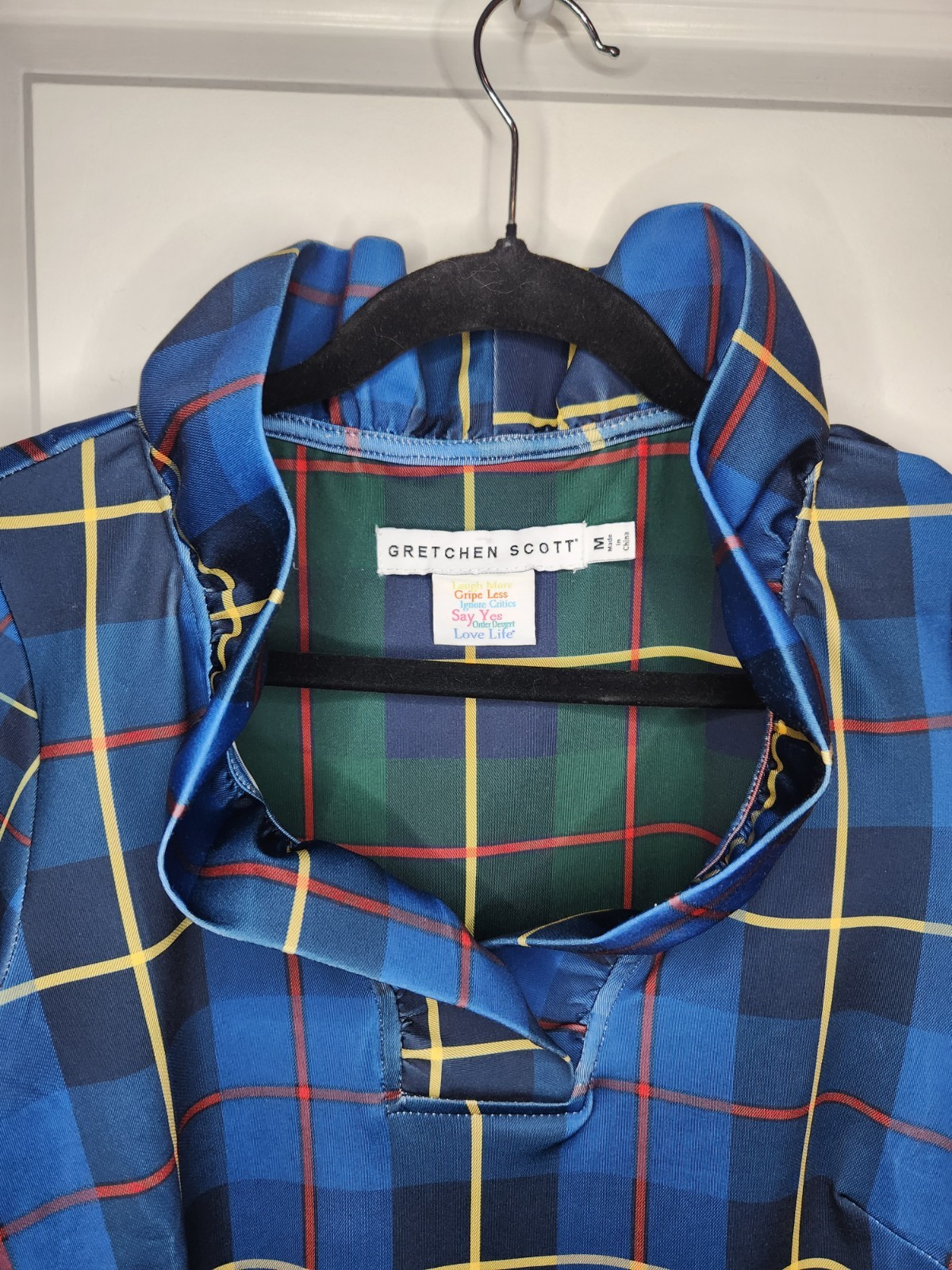 Gretchen Scott Dress M Navy Plaid Comfy Jersey Knit Ruffleneck Dress 3/4 Sleeves