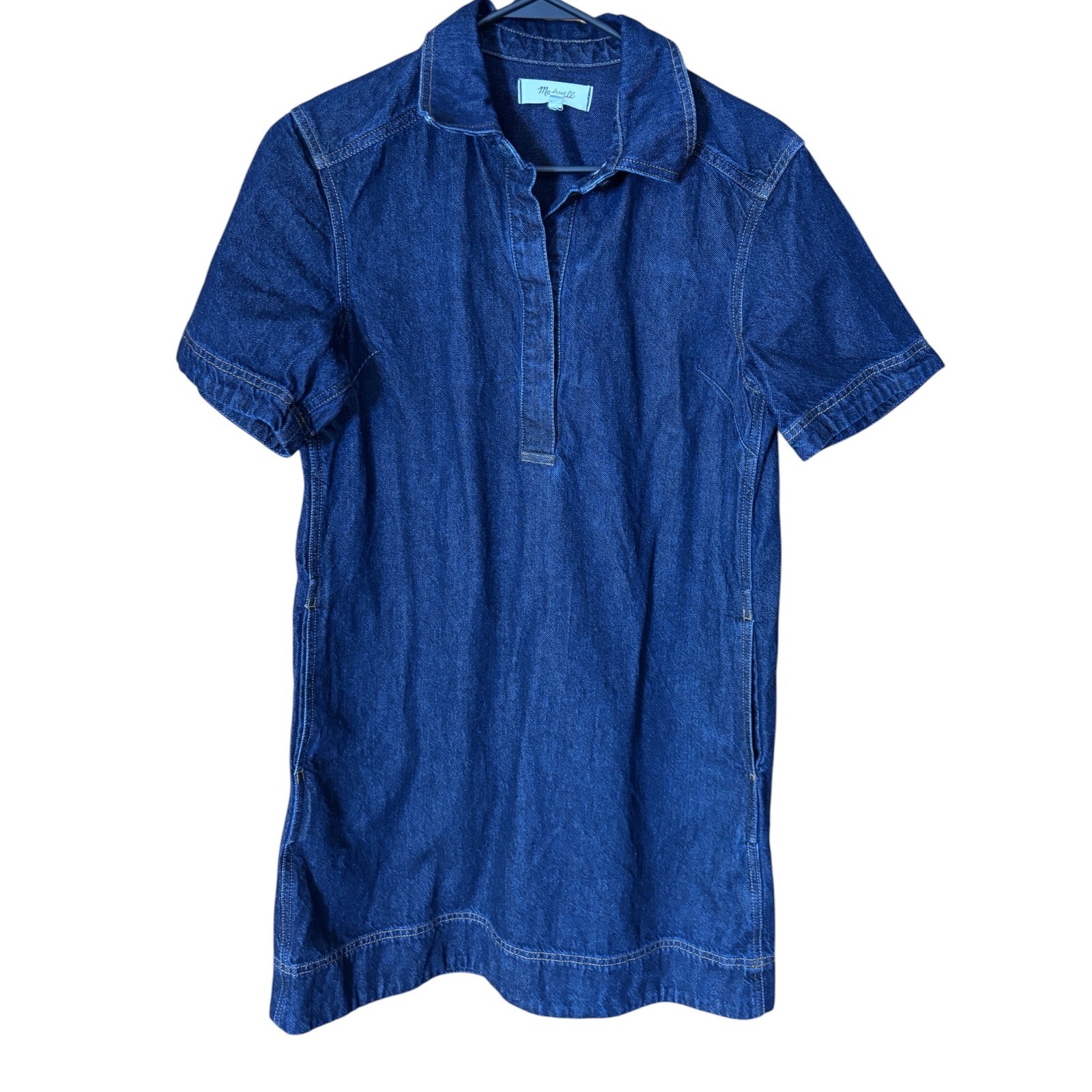 Madewell Denim Short Sleeve Mini Shift Dress Blue Indigo Cotton Pockets Size S