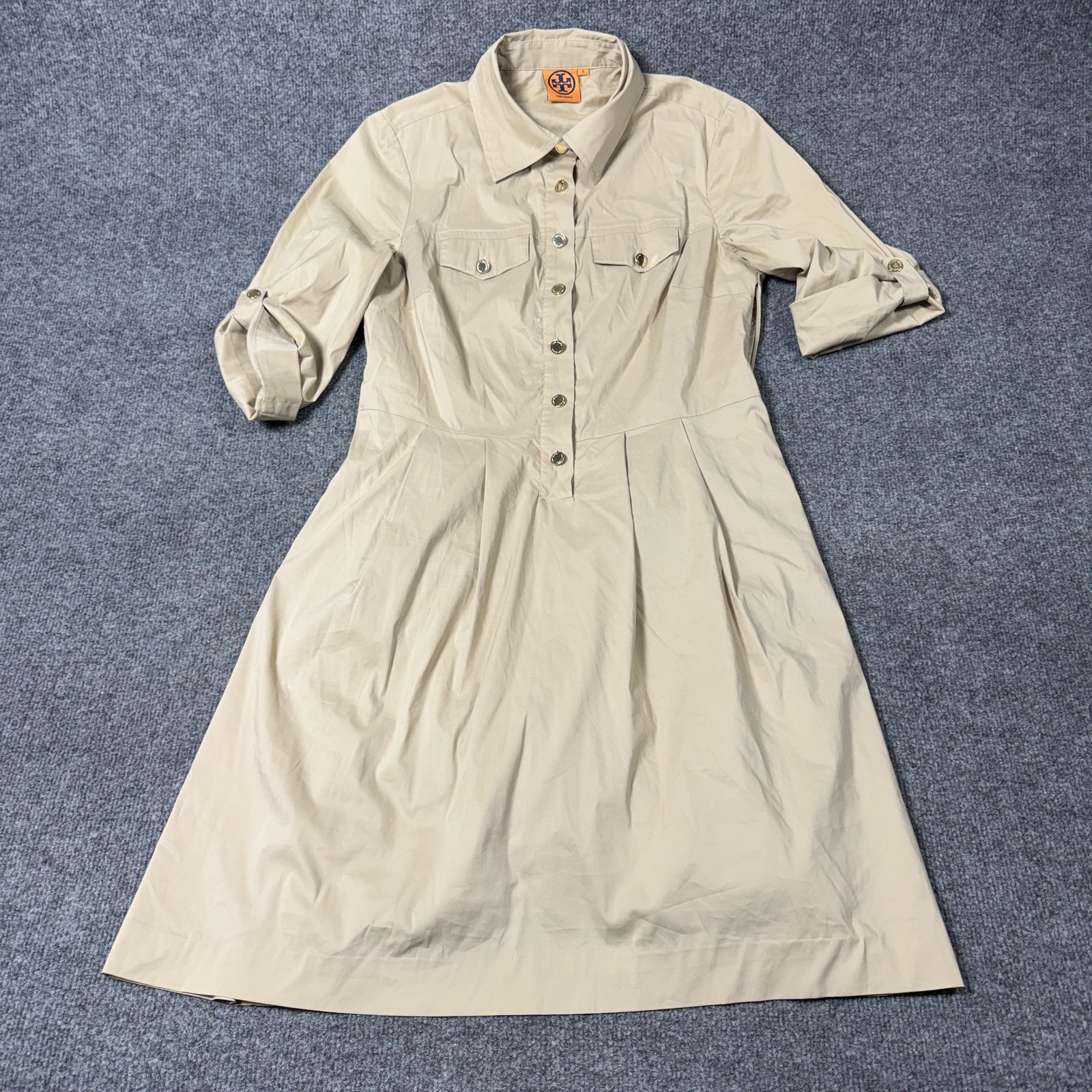 Tory Burch Dress Womens 8 Beige Shirt A-Line 3/4 Roll Tab Sleeve Midi Stretch